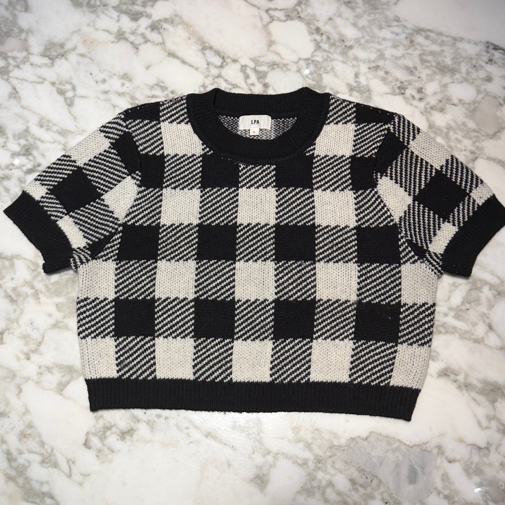 LPA FLOYD CROP SWEATER IN BLACK & IVORY CHECK size L